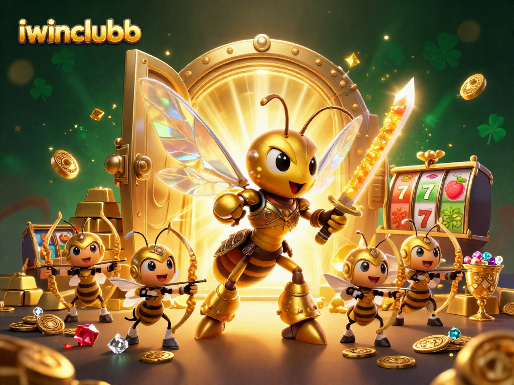 Experience the thrill at iwinclubb with a vibrant casino scene featuring a giant hornet and treasures.