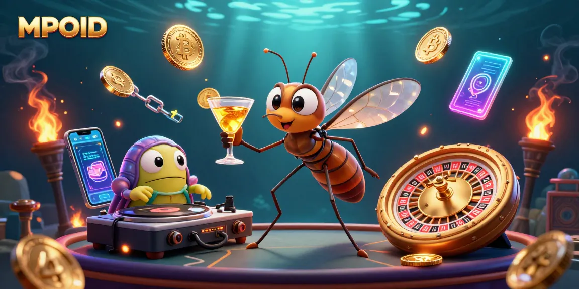 MPOID players engage with a lively casino scene featuring a unique frozen-in-amber mosquito mascot and crypto elements.