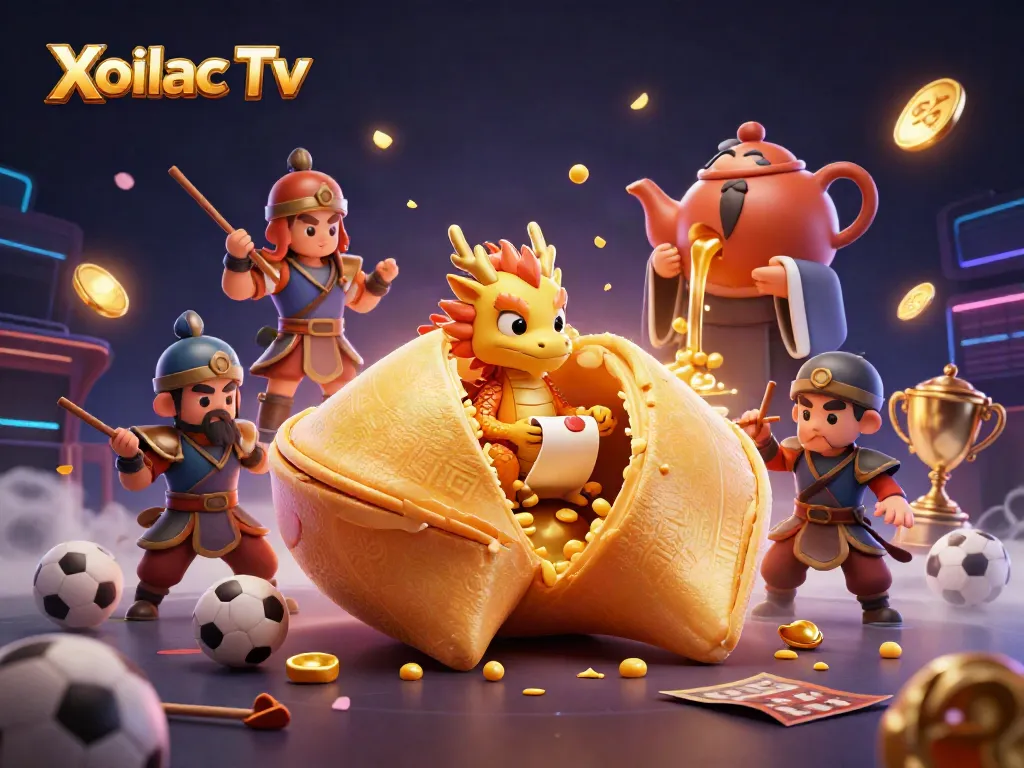 Xoilac Tv delivers high-stakes action with a vibrant sports betting scene featuring dynamic characters and golden treasures.