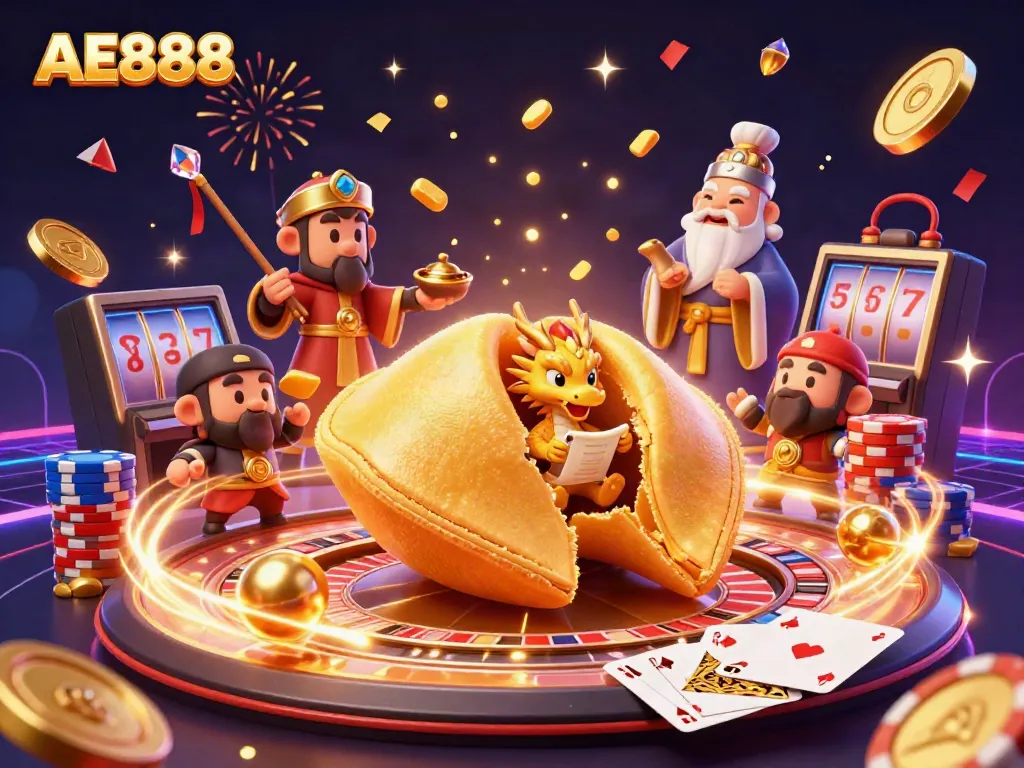 Engage with AE888, the vibrant online casino experience featuring golden fortune cookie illustrations and lively casino elements.