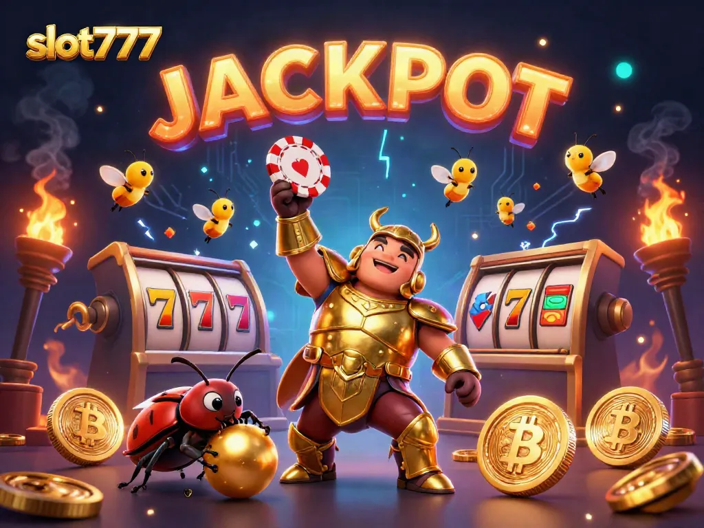 Experience the excitement of slot777 with a hercules beetle showcasing a jackpot win in a vibrant casino scene.