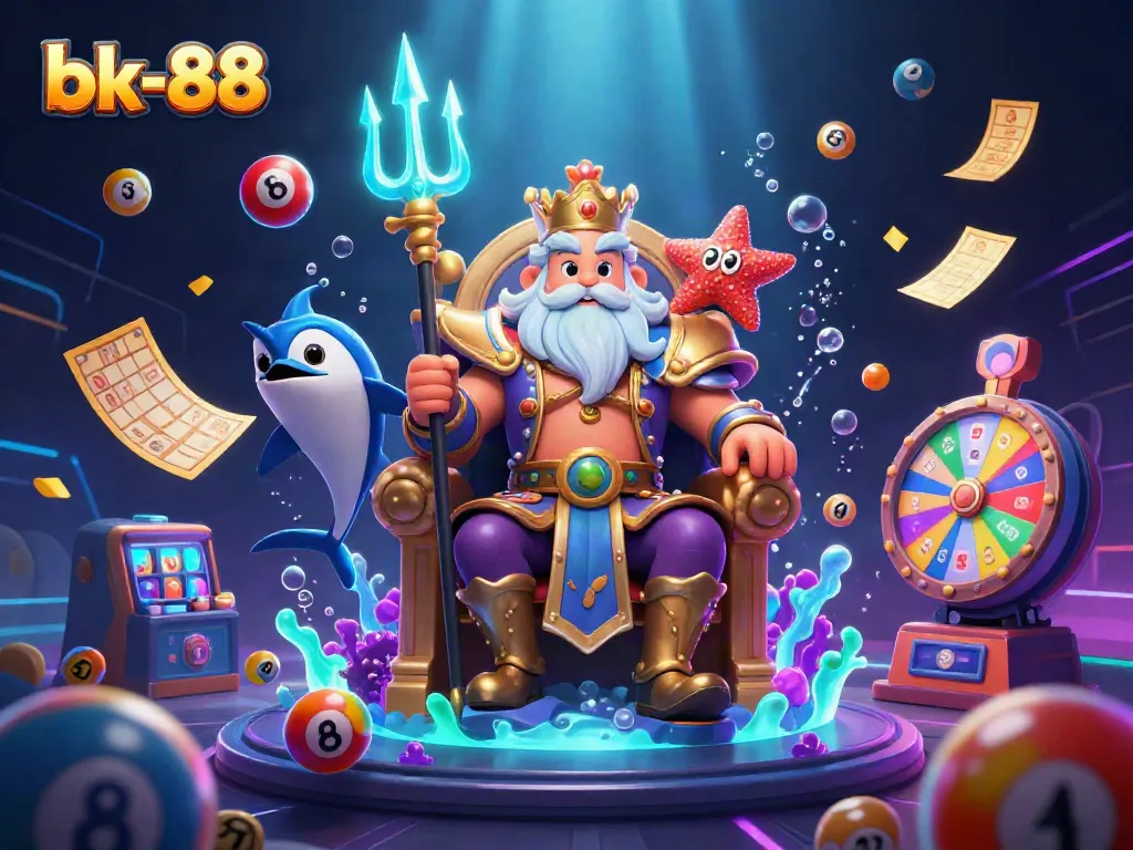 Engage in vibrant bk-88 casino gameplay featuring Neptune, samurai, and lottery elements in dynamic 3D.