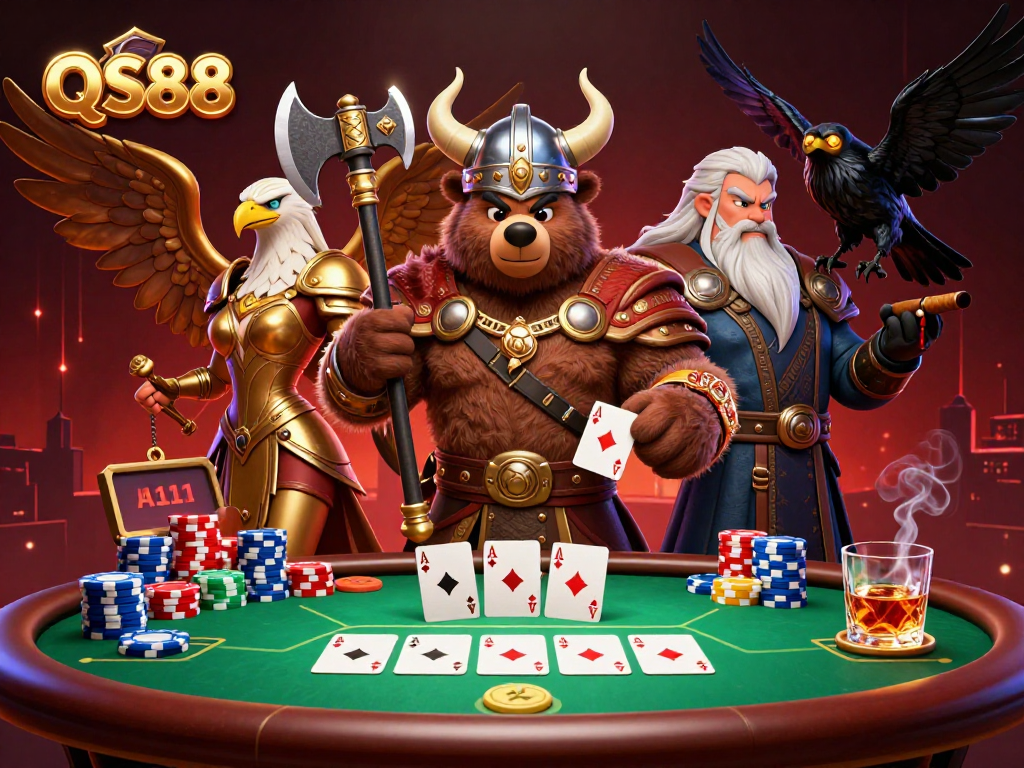 Engage with QS88 for thrilling poker action with cartoon Viking and Valkyrie amidst vibrant gaming elements.
