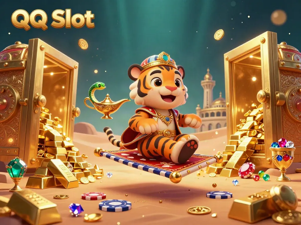 Engage with QQ Slot's vibrant gaming world, featuring a golden sultan and treasures in a 3D casino illustration.