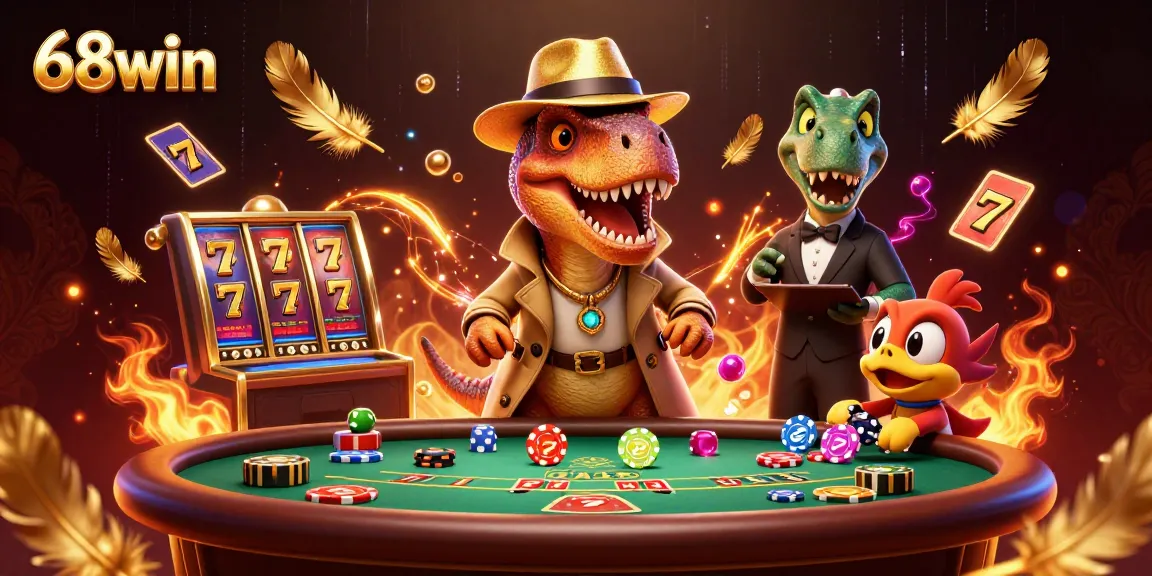 Bet at 68win with a 3D cartoon velociraptor card counter and stegosaurus pit boss in a busy casino