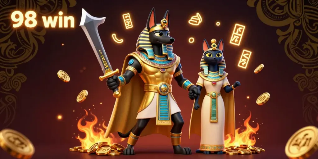 Engage in the thrilling world of 98 win with ancient warriors and vibrant casino elements swirling around.