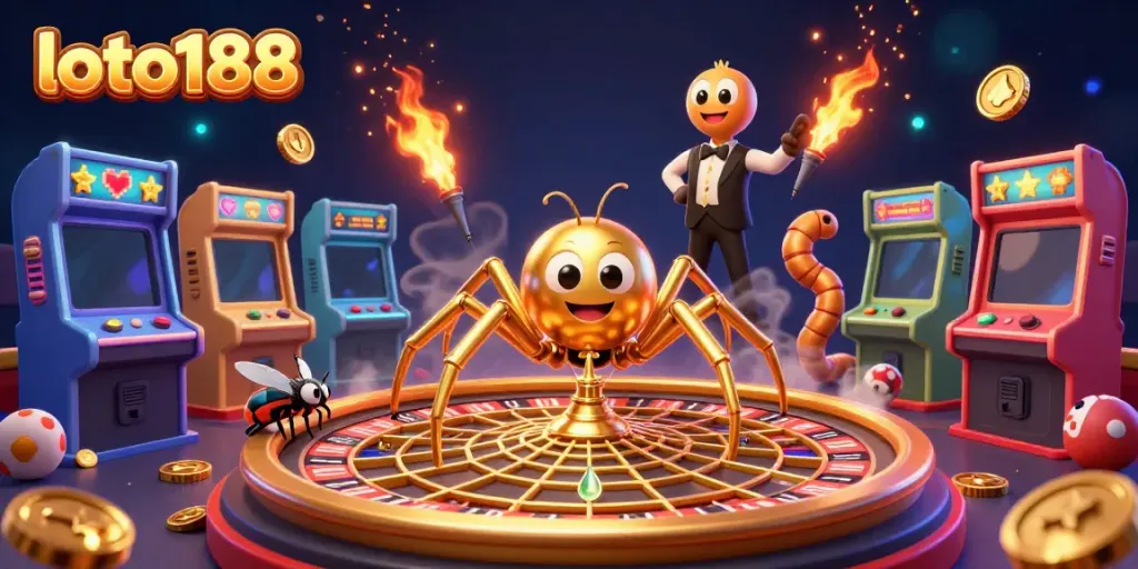 Engaging scene illustrating a golden spider and centipede croupier for loto188's vibrant casino experience.