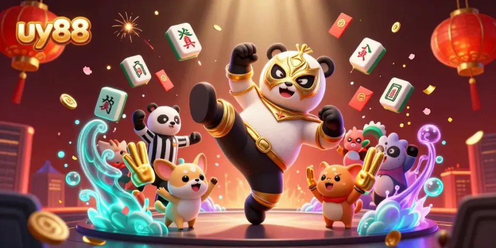 Experience the excitement of uy88 with a vibrant cartoon wrestling scene filled with casino elements.