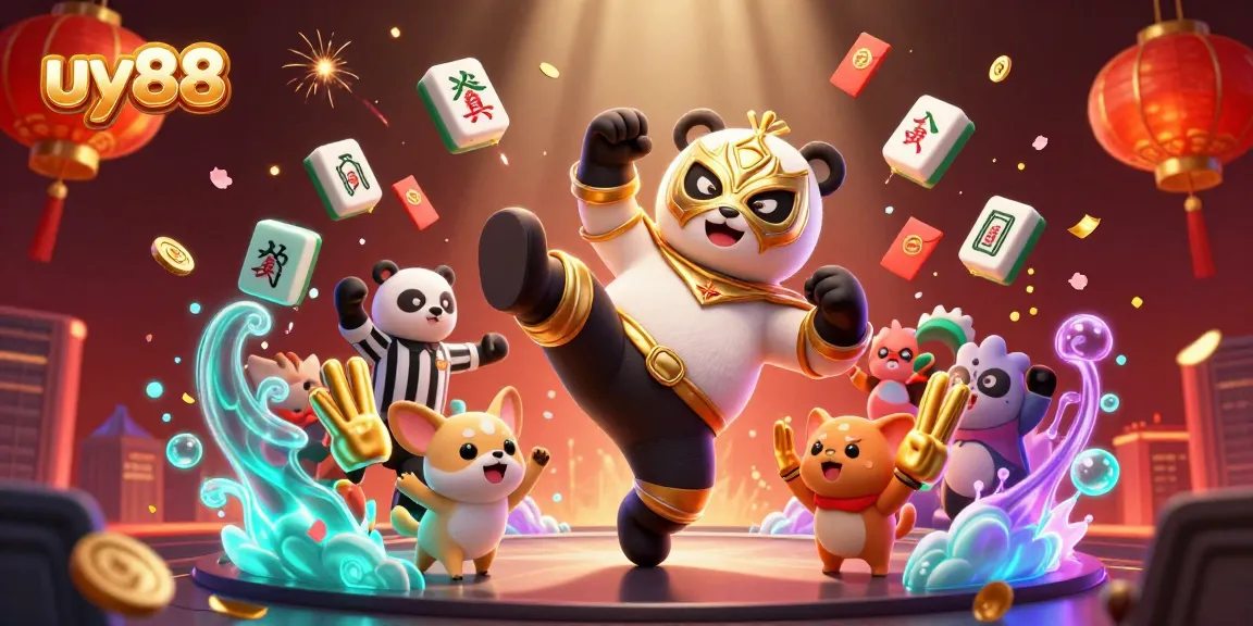 Experience the excitement of uy88 with a vibrant cartoon wrestling scene filled with casino elements.