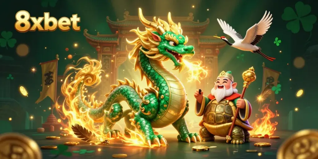 8xbet gaming strategies depicted by a vibrant scene with a jade dragon and casino symbols.