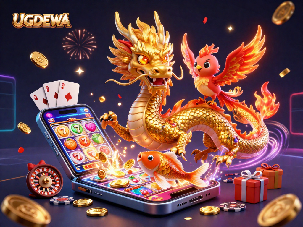 Spin the reels of fun with UGDEWA, featuring a vibrant scene of a golden dragon and phoenix.