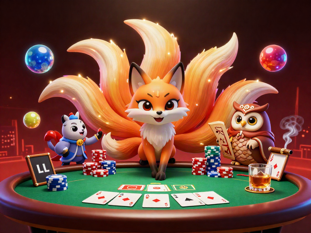 S666 poker game scene with a glowing fox spirit, wise owl sage, and colorful poker elements.
