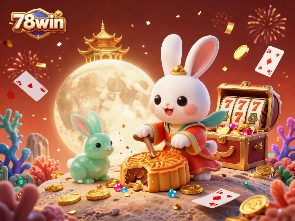 Experience the excitement of 78win with a moon rabbit celebrating in a vibrant casino world filled with slot reels and poker chips.