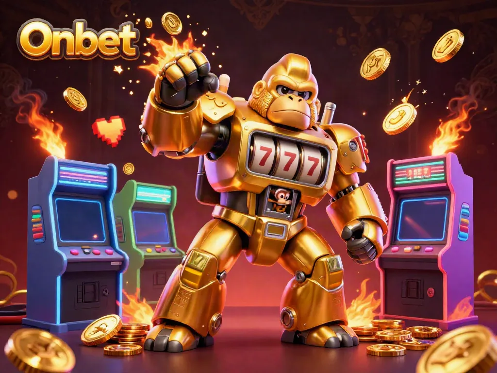 Experience Onbet with a dynamic golden gorilla mech, arcade machines, and casino-themed elements.