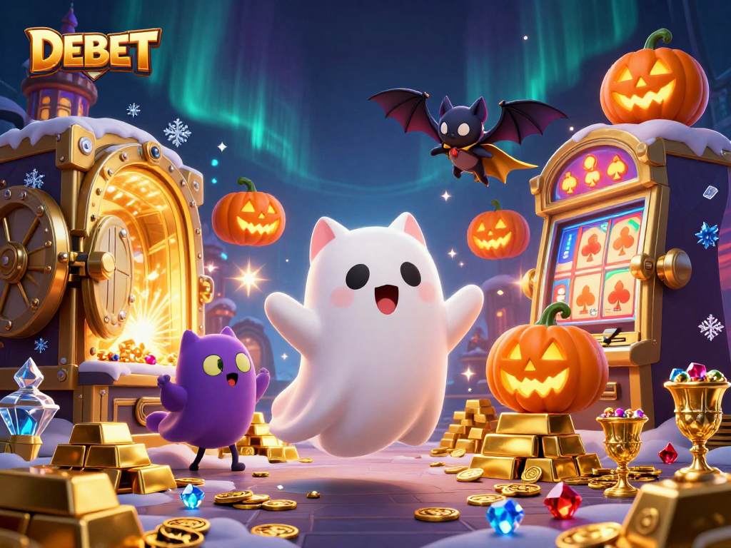 Experience DEBET's thrilling casino atmosphere with a ghost cat and bat companion in a vibrant scene.