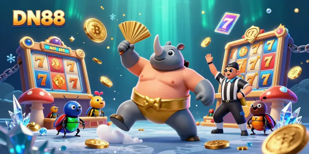 Experience the thrill of DN88's vibrant casino world with a beetle sumo champion amidst dazzling slot games.