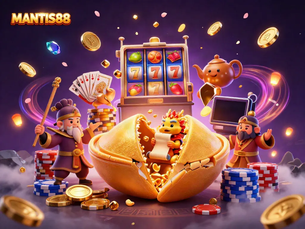 MANTIS88 features an engaging casino scene with a golden fortune cookie and dynamic slot elements.
