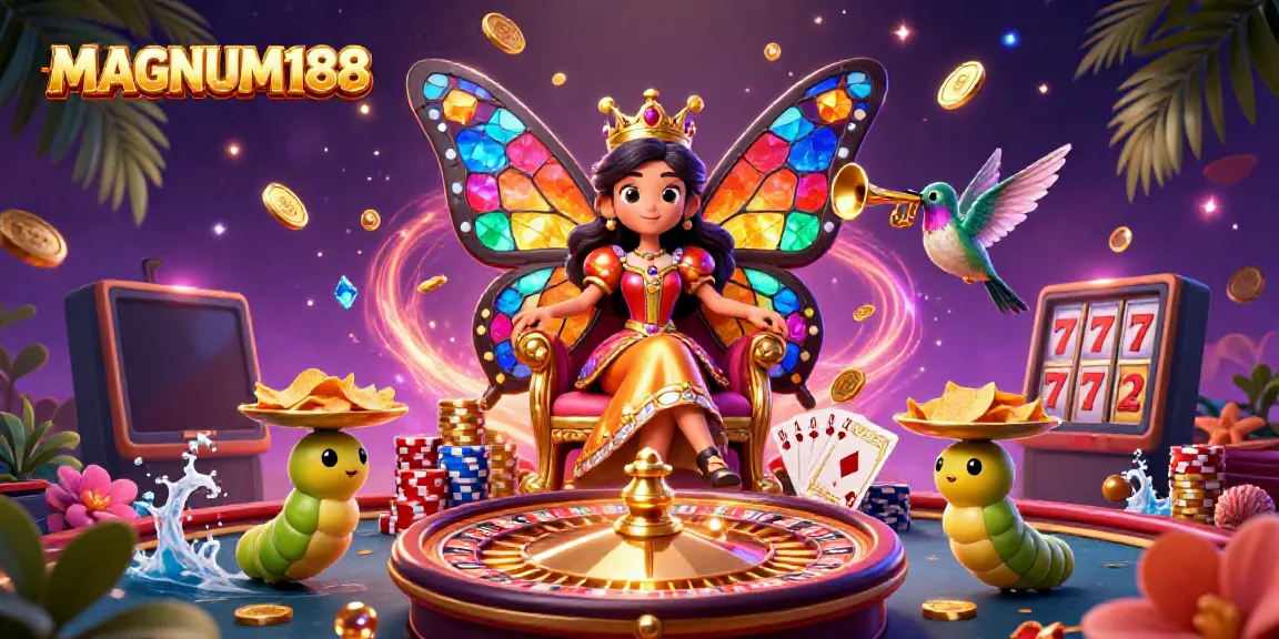 Experience MAGNUM188 with a vibrant scene featuring a butterfly queen and golden casino elements.