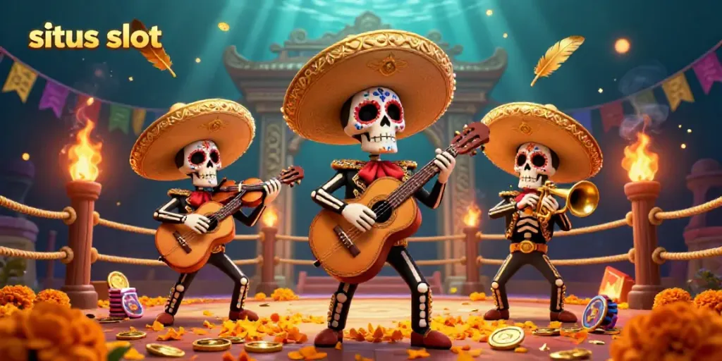 Band mariachi tengkorak meriah beraksi dalam scene situs slot, dengan simbol permainan berkilau di sekelilingnya.