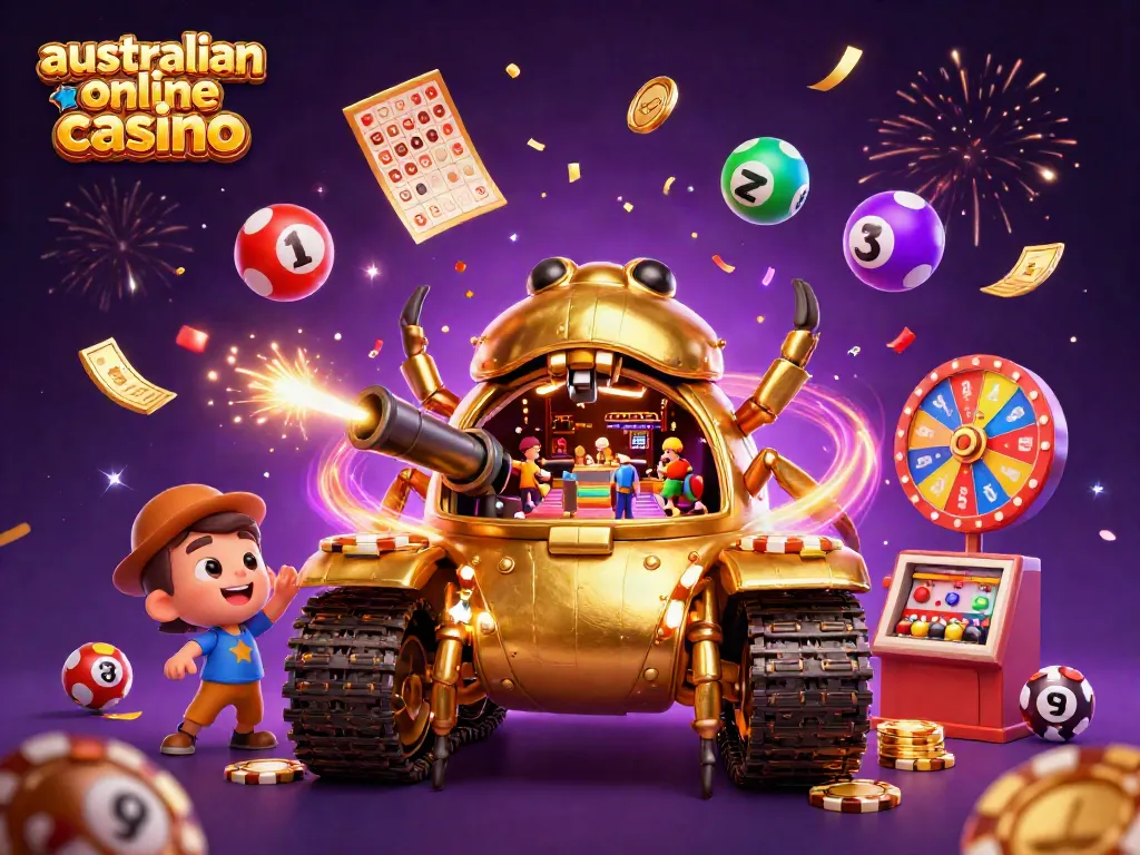 Experience the excitement of the australian online casino with a vibrant scene of a golden beetle tank revealing a miniature casino.