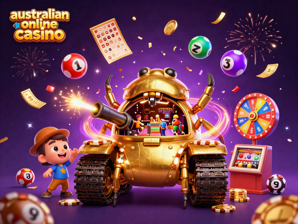 Experience the excitement of the australian online casino with a vibrant scene of a golden beetle tank revealing a miniature casino.