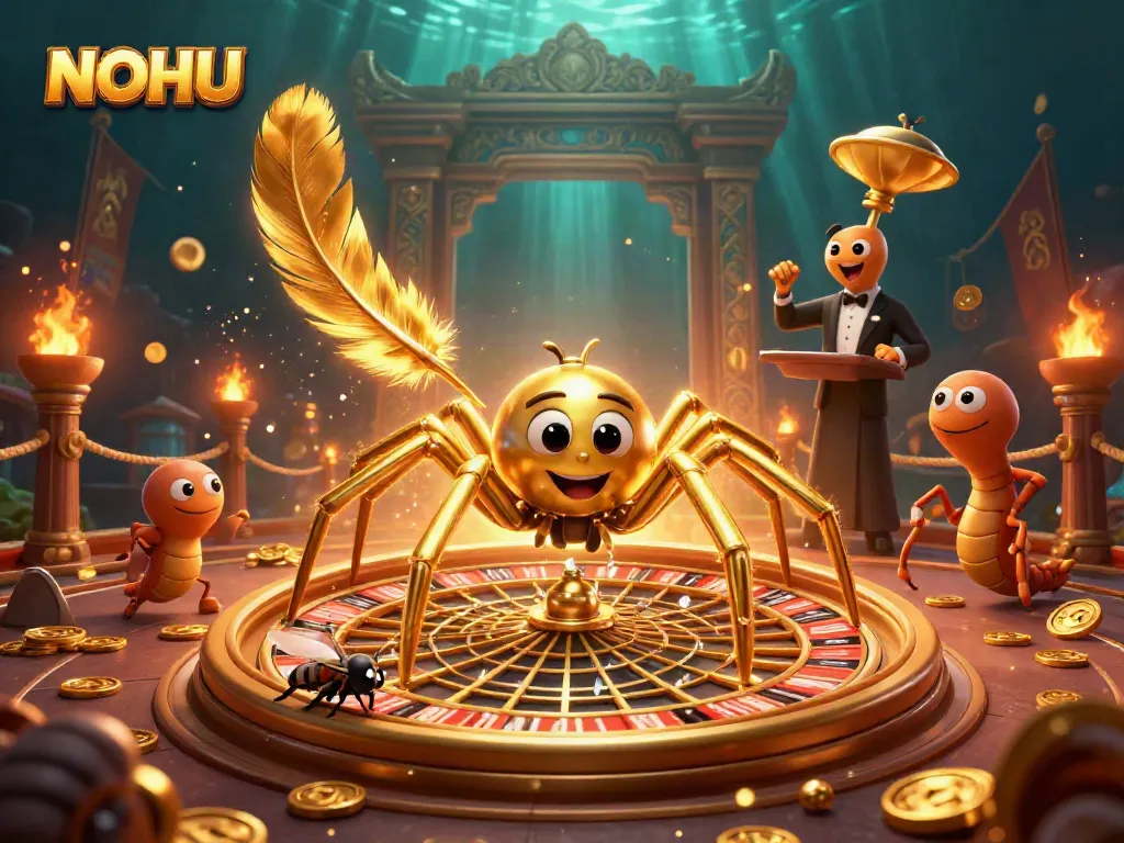 Experience thrilling roulette action with NOHU's unique gambling illustration featuring a golden spider and vibrant game elements.