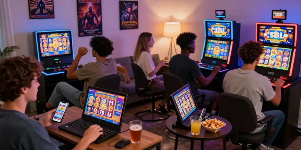 Engaged players enjoying a lively home gaming scene on slot resmi devices, expressing excitement and anticipation.