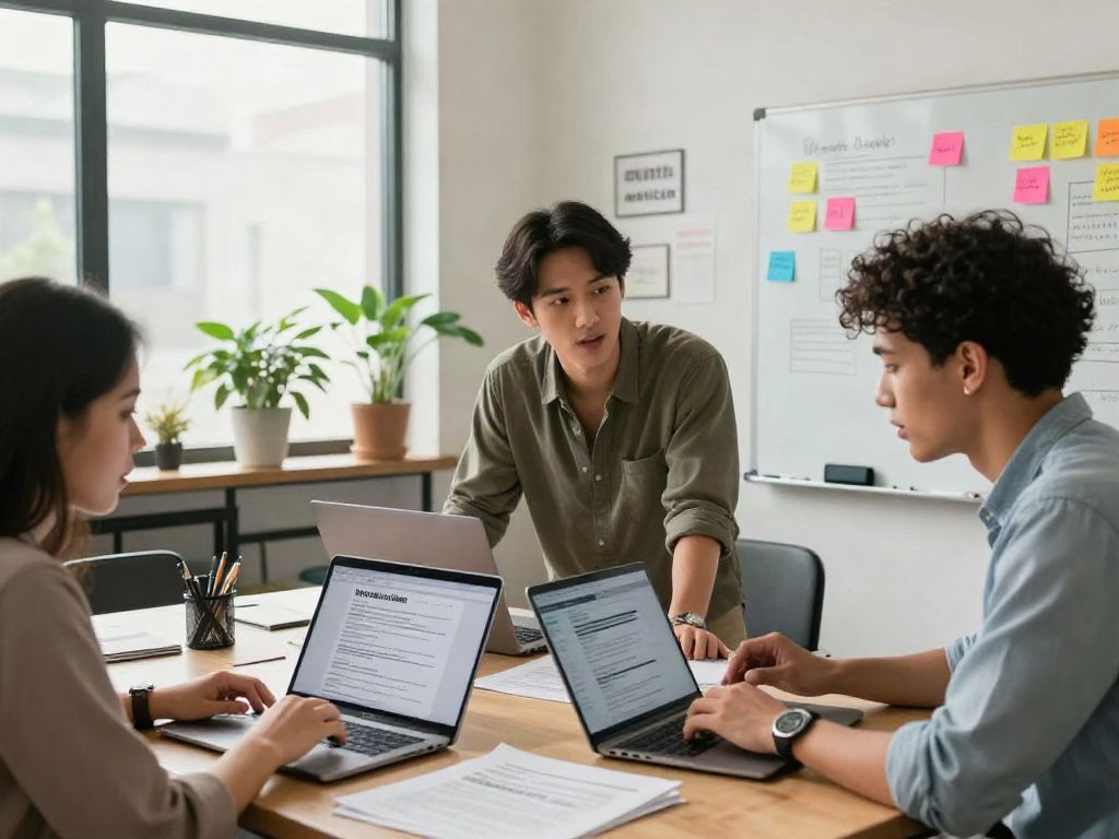 Collaborative job search scene showcasing professionals actively looking for หางาน opportunities in a modern workspace.