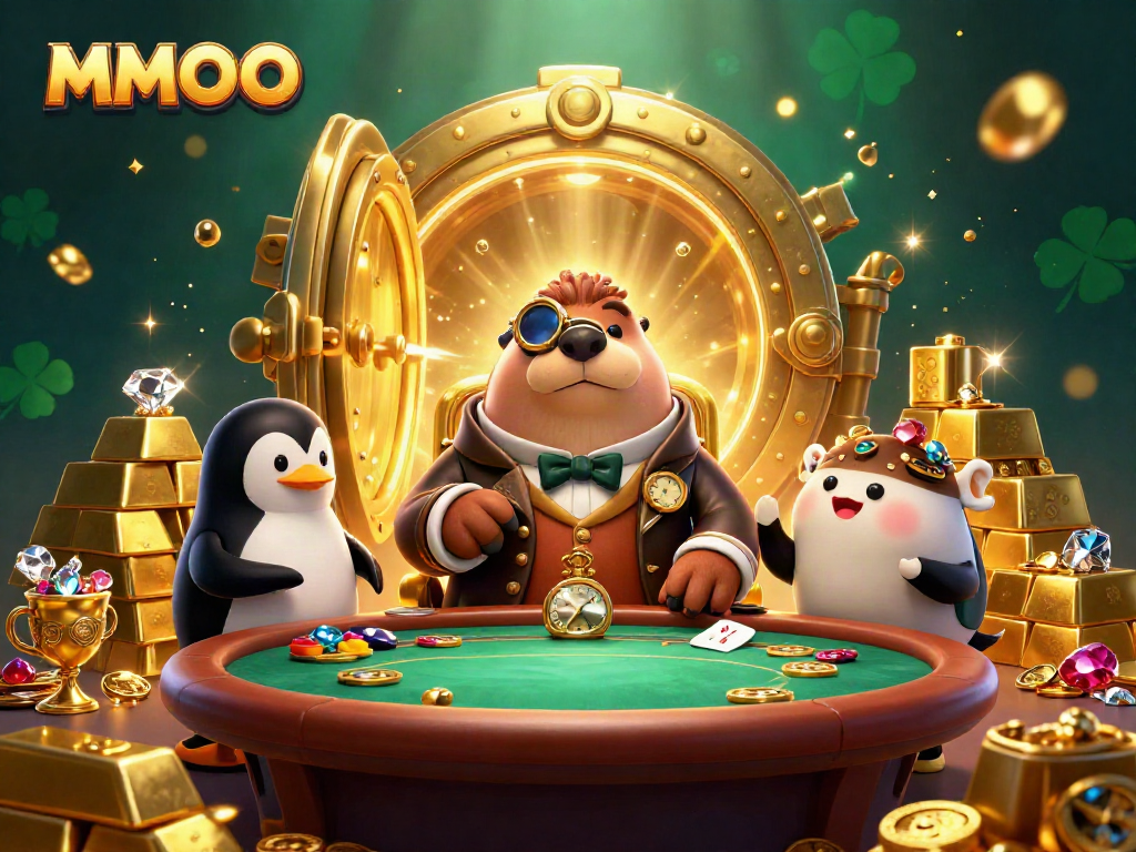 Experience the exciting MMOO gaming scene with a walrus playing poker, surrounded by treasures.