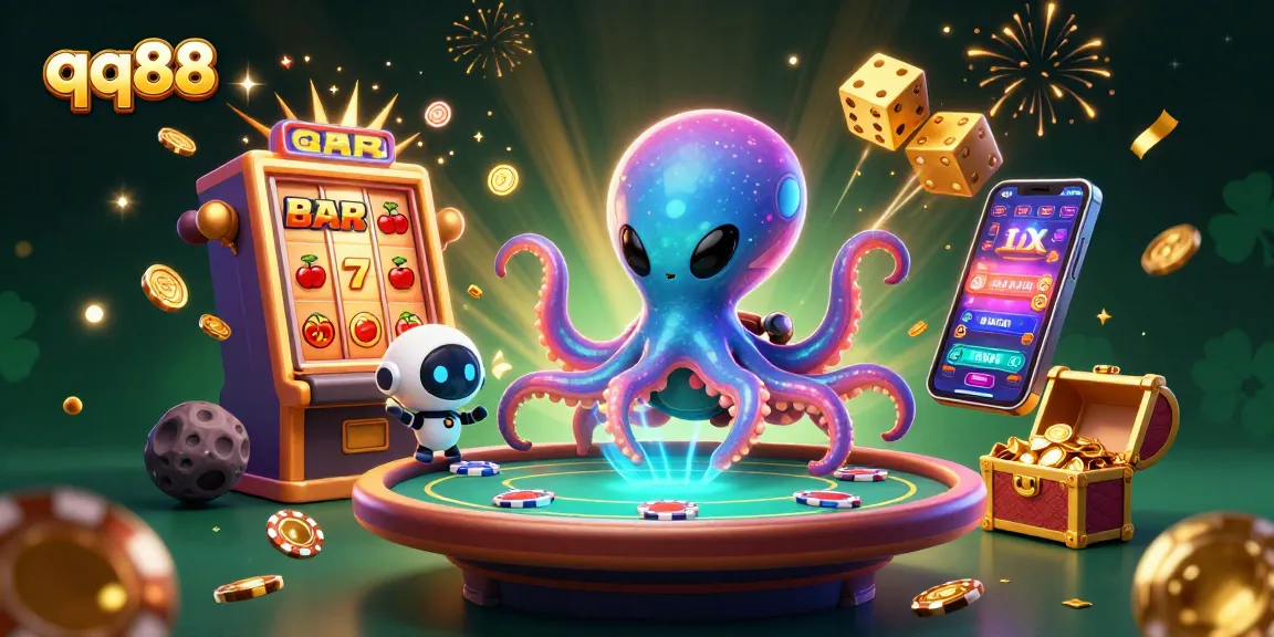 Experience thrilling gaming action at qq88 with a vibrant 3D casino scene filled with colorful games.
