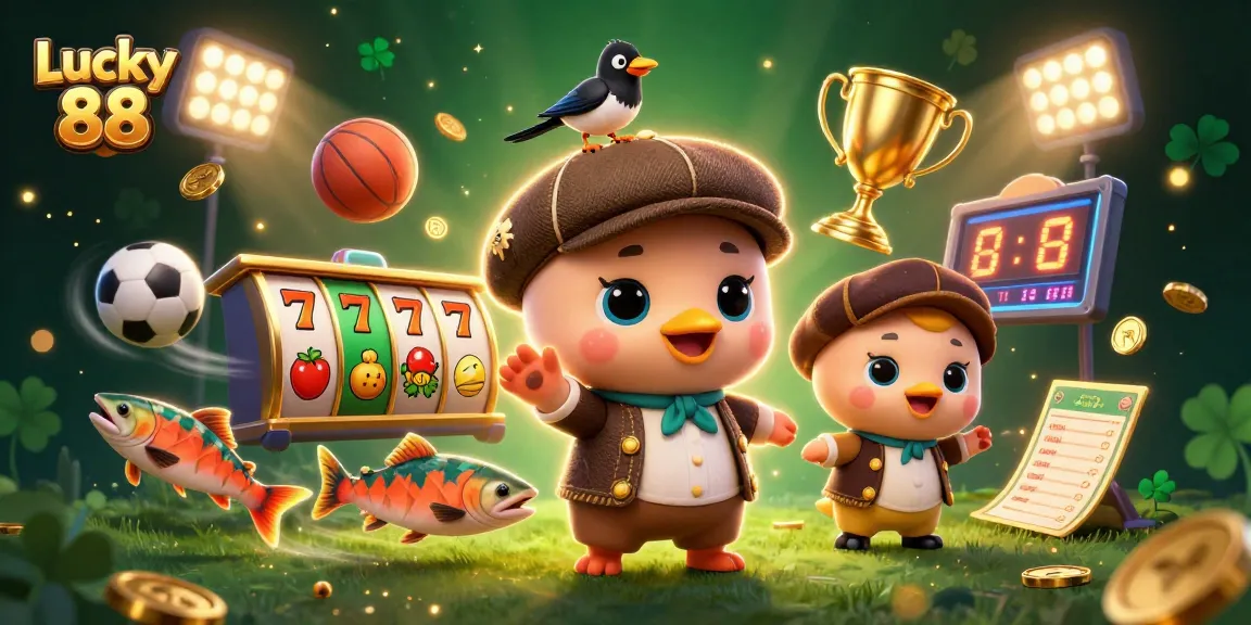 Engage with Lucky 88 as Nessie spins slot reels amidst sports and casino elements.