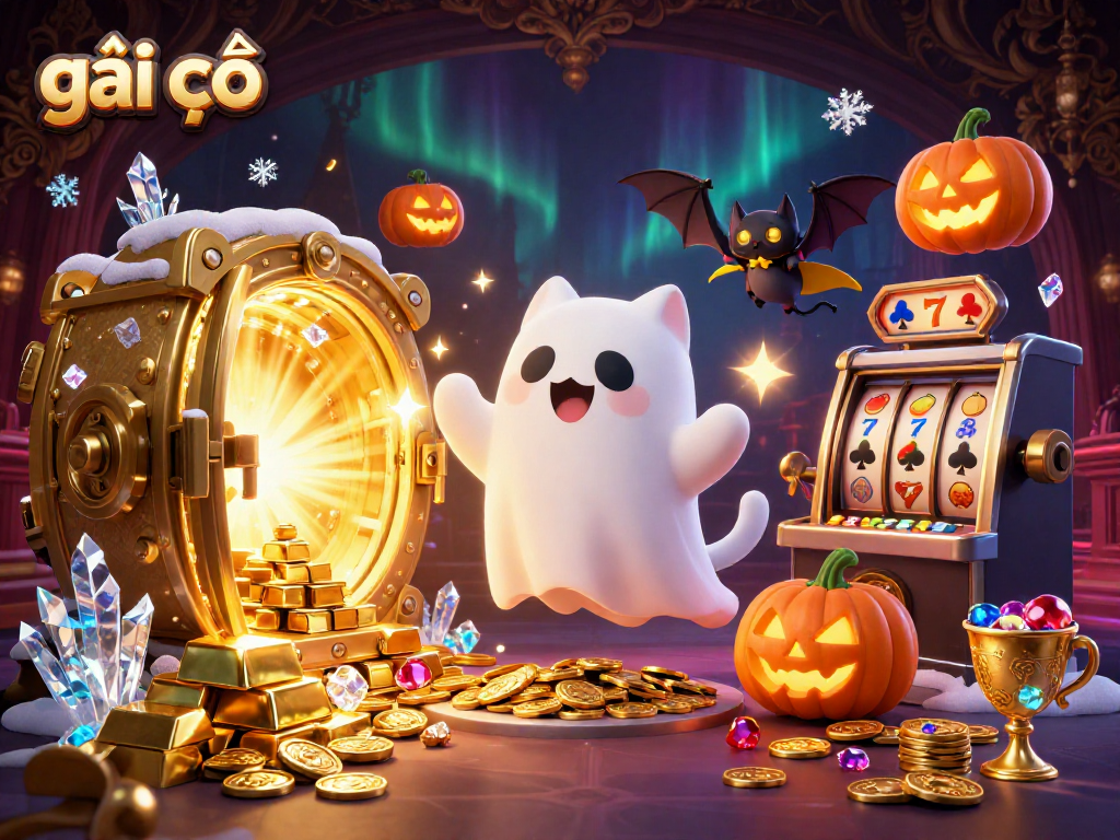 Engaging gaming experience with gái gọi through a vibrant, animated casino scene featuring a ghost cat and treasures.