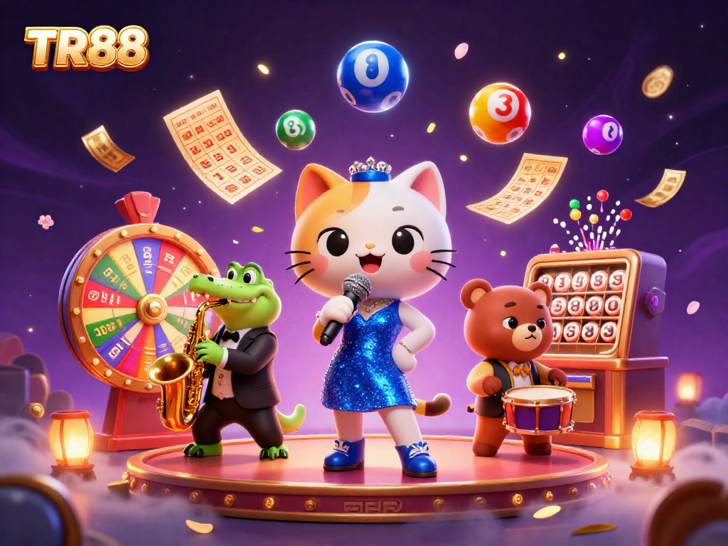 Experience the exciting world of TR88 with a vibrant casino scene featuring a jazzy cat, croc, and bear!