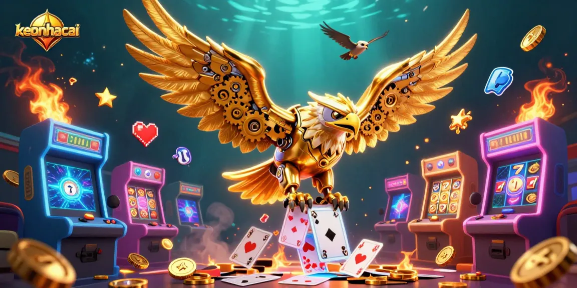 Experience keonhacai's vibrant casino world, featuring a golden eagle amid holographic cards.