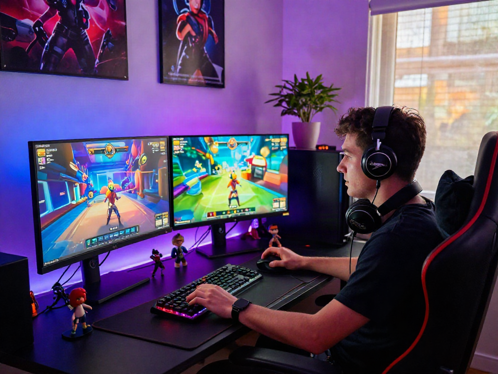 Engage with an immersive porn game in an energetic gaming studio atmosphere.