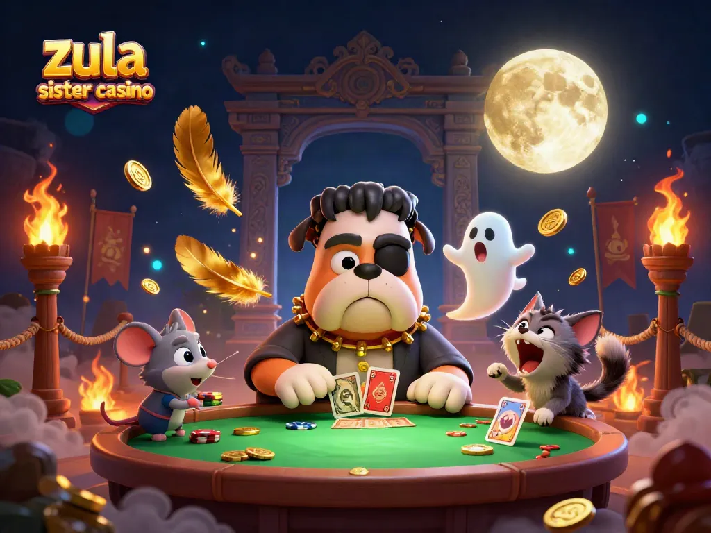 Engage with zula sister casino's thrilling game scene featuring a cartoon bulldog dealer and exciting ghostly effects.