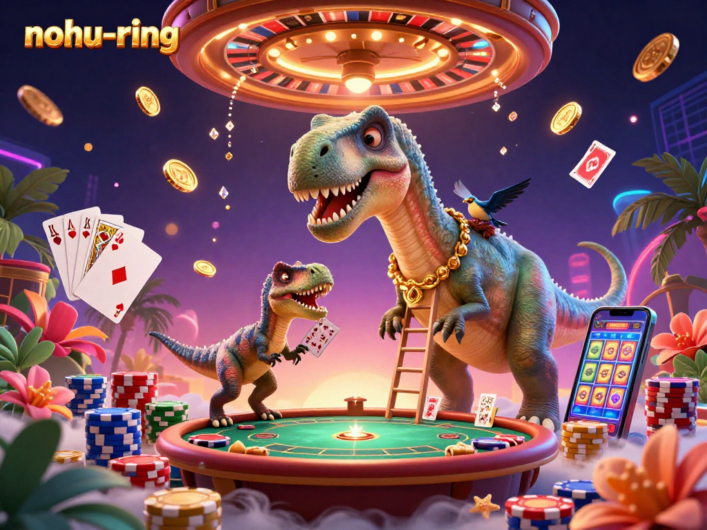Experience the thrill of nohu-ring with a vibrant casino scene featuring a giant brontosaurus, a clever raptor, and captivating game elements.