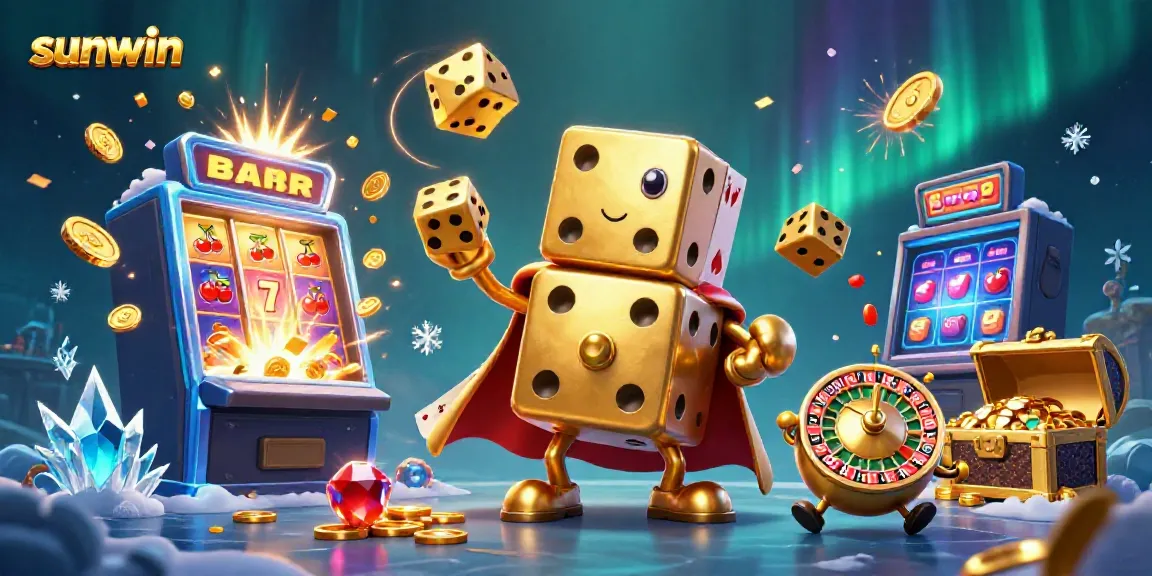 Experience the vibrant excitement of sunwin with a dynamic casino scene featuring joyful golden dice and a jackpot-themed background.