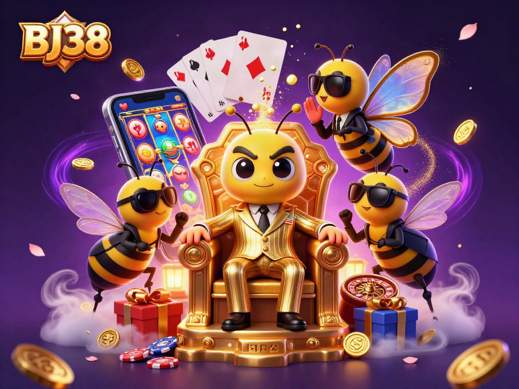 Experience thrilling slot action with BJ38's animated bumblebee mob boss and casino game elements.