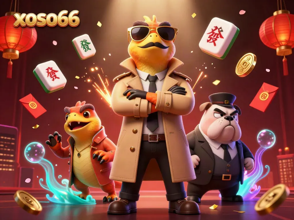 Engage with xoso66's gaming world featuring three raptors in disguise entering a vibrant casino scene.