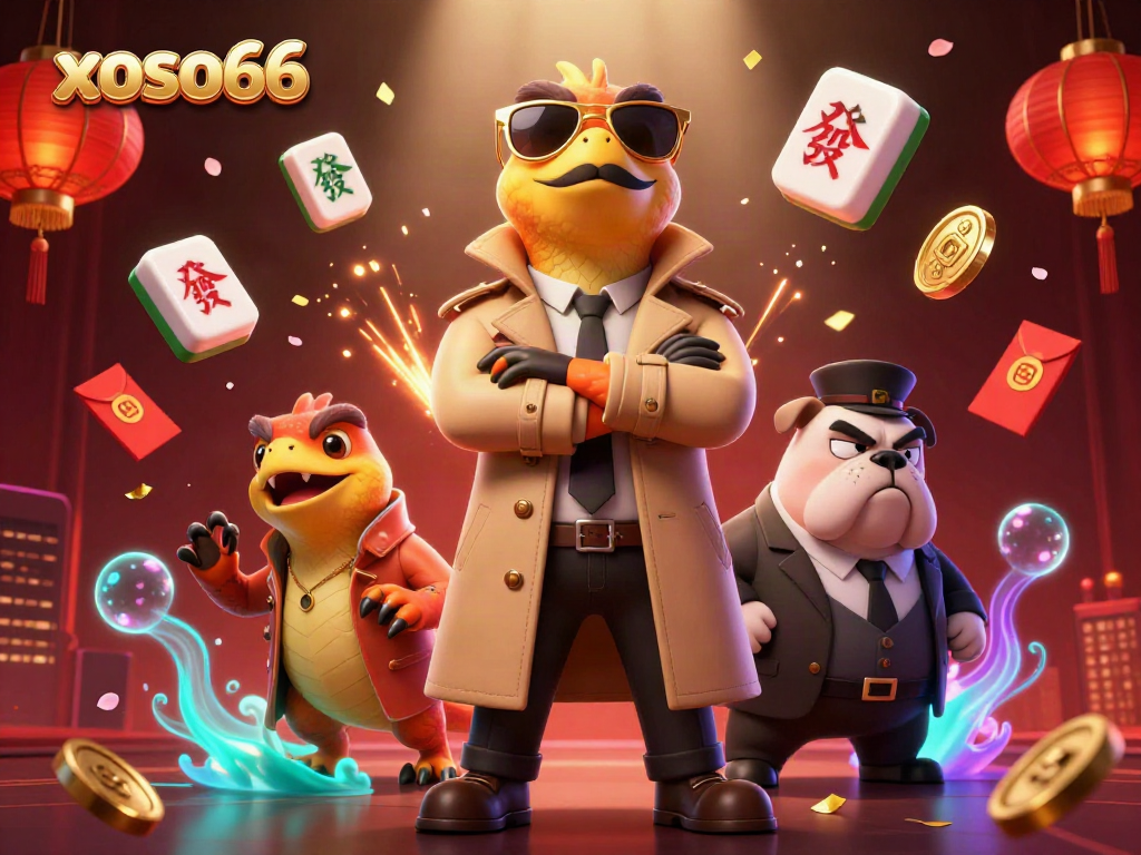 Engage with xoso66's gaming world featuring three raptors in disguise entering a vibrant casino scene.