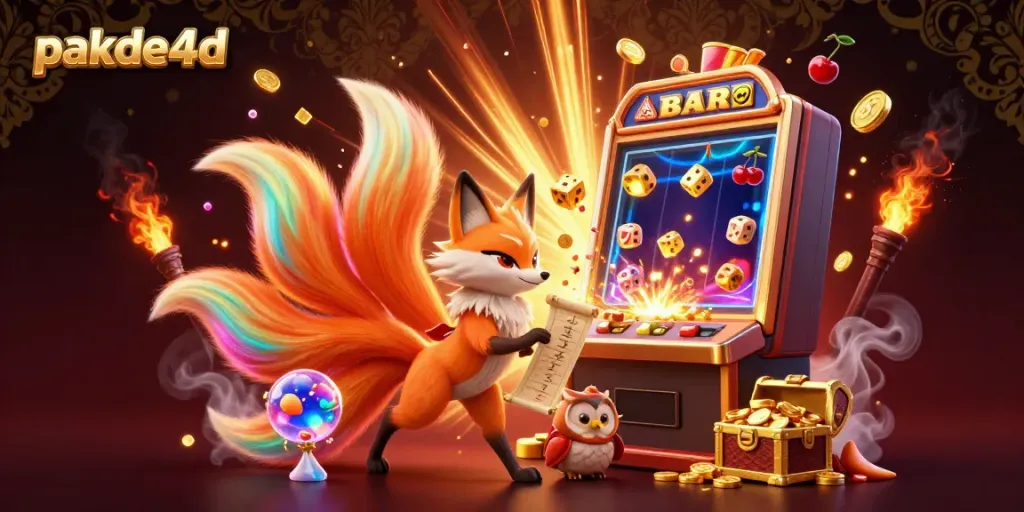 Experience pakde4d's exciting gaming atmosphere featuring a magical fox spirit and cascading slot machine jackpots.