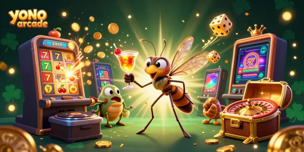 Experience the thrill of yono arcade with a vibrant 3D casino illustration featuring jackpots, games, and unique characters.