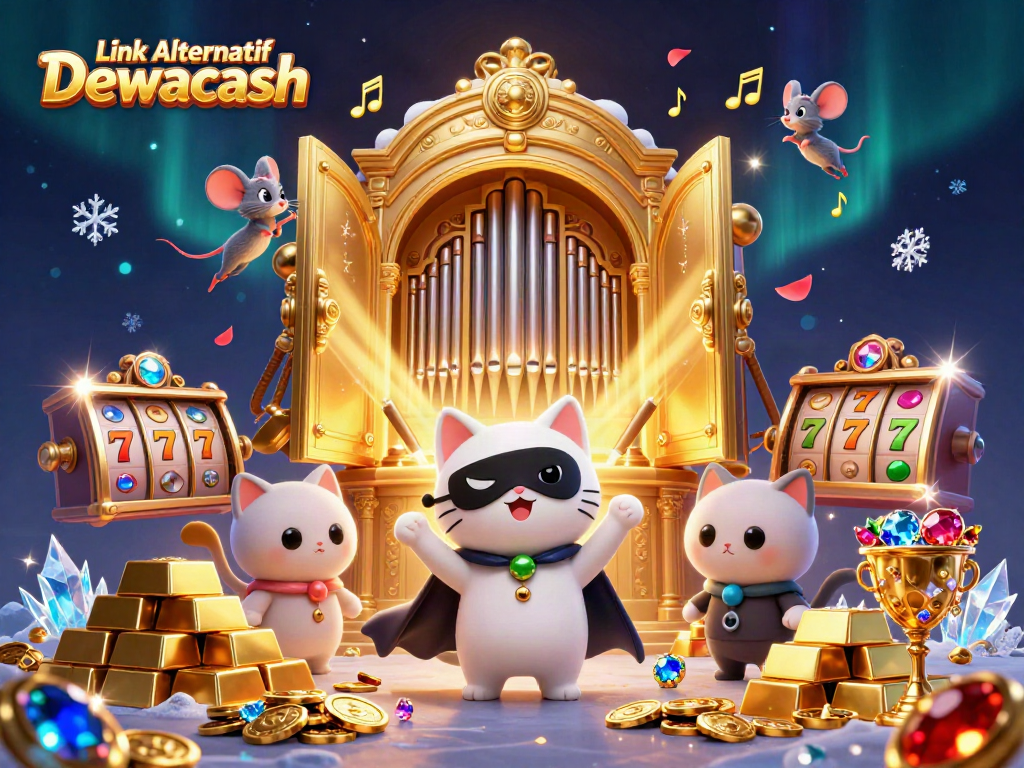 Experience thrilling moments in Link Alternatif Dewacash with a lively casino scene featuring vibrant characters and rich treasures.