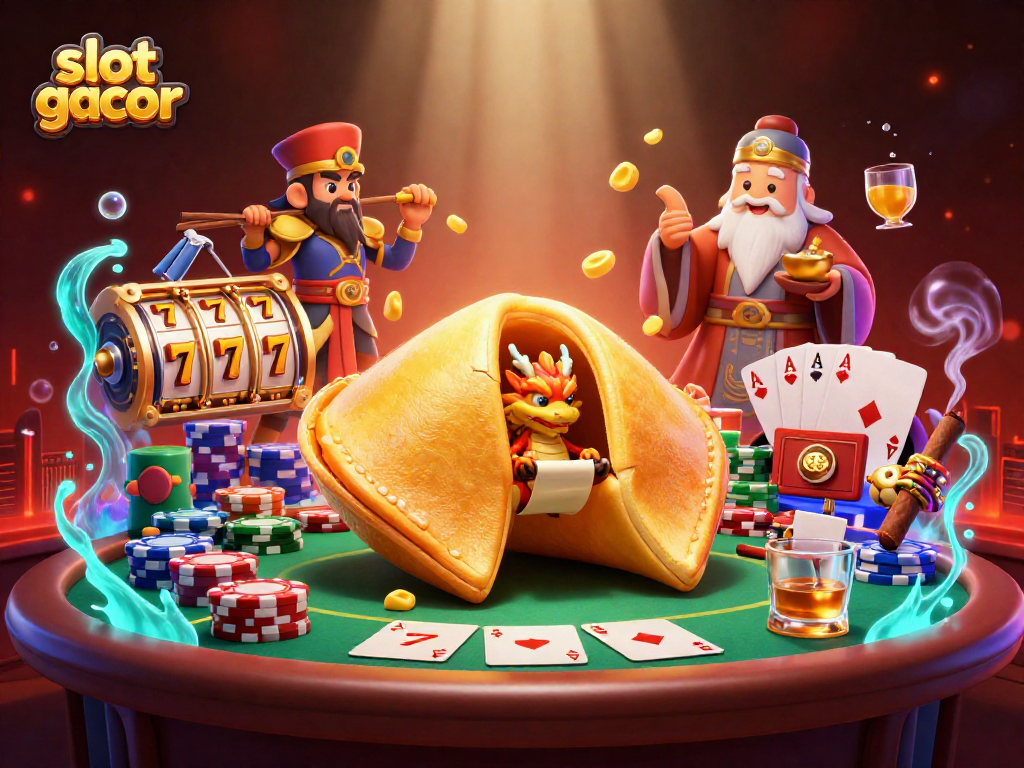 Mainkan slot gacor dengan karakter menarik dan simbol permainan kasino, penuh detail visual yang menawan.