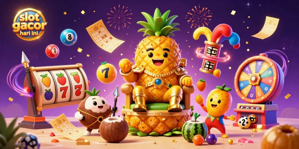 Bermain slot gacor hari ini dengan simbol buah dan jackpot dalam ilustrasi kasino pantai yang meriah.