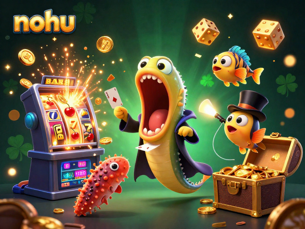 Experience gaming excitement with nohu's vibrant jackpot scenes featuring animated characters and slot machines.