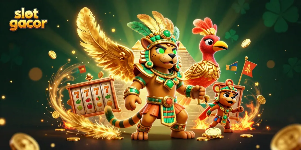 Permainan slot gacor menampilkan karakter jaguar Mesoamerika dan burung quetzal dalam suasana kasino yang kaya detail.