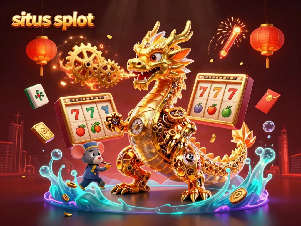 Ilustrasi 3D yang menunjukkan situs slot dengan naga emas mekanik dan elemen permainan menarik.