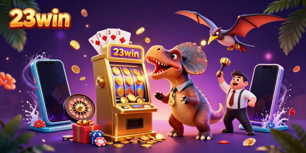 23win boosts excitement as dinosaurs cash in coins from a golden slot machine in a vibrant casino scene.
